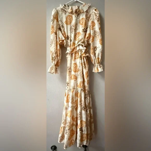 Anthropologie Bishop + Young Cream/Yellow/Gold Print Cut Out Sides Dress Sz. S - Picture 8 of 10